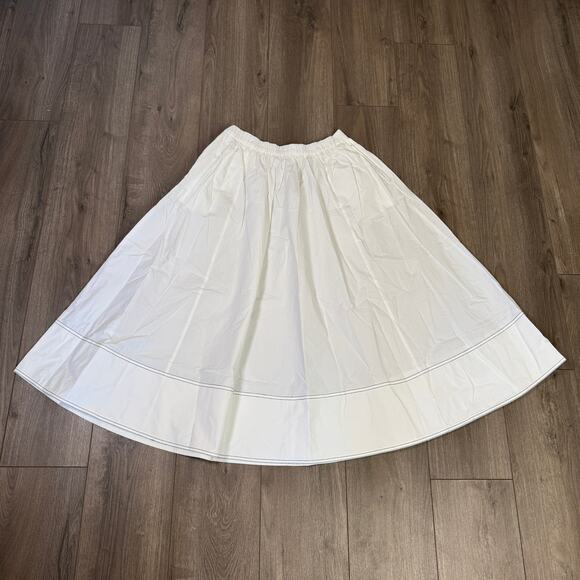 J.Crew Christina Midi Skirt 10 White Contrast Stitch Cotton Poplin Elastic Waist - Picture 5 of 7